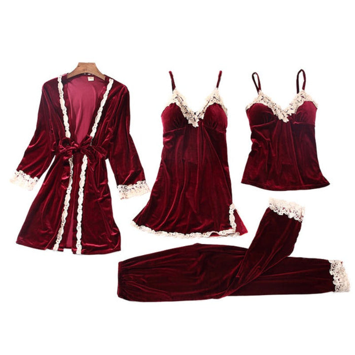 The 4 Pcs Velvet Solid Lace Pajama Set