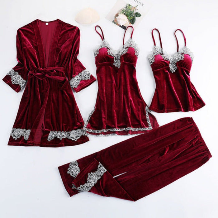 The 4 Pcs Velvet Solid Lace Pajama Set