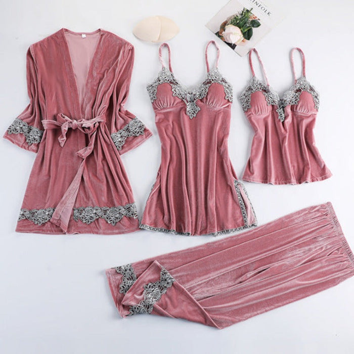 The 4 Pcs Velvet Solid Lace Pajama Set