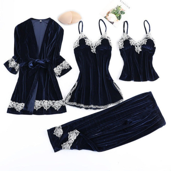 The 4 Pcs Velvet Solid Lace Pajama Set