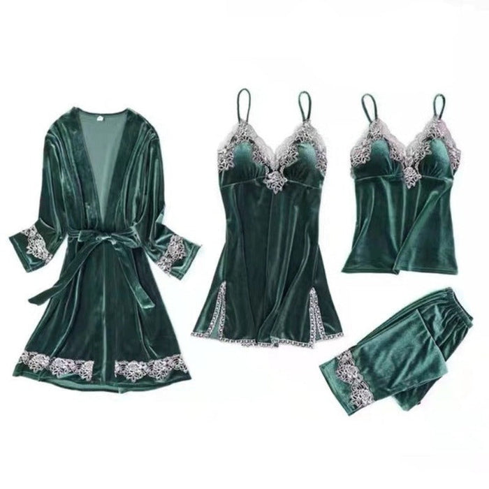 The 4 Pcs Velvet Solid Lace Pajama Set