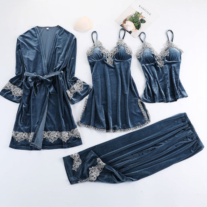 The 4 Pcs Velvet Solid Lace Pajama Set