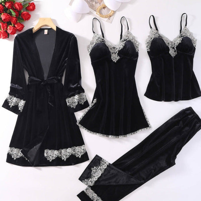 The 4 Pcs Velvet Solid Lace Pajama Set