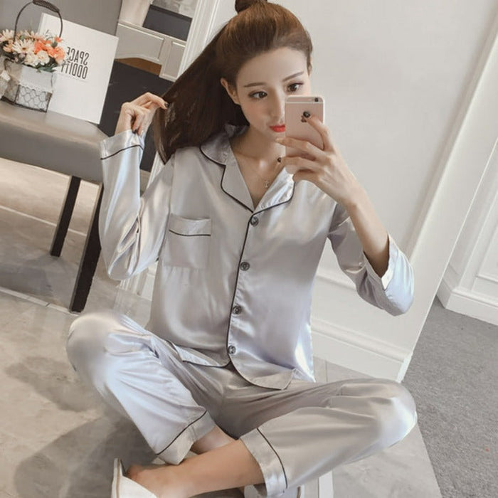 Winter Plus Size Long Sleeve Pajamas Satin Sleepwear