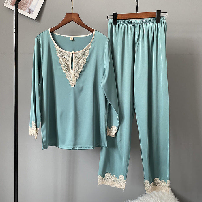 Women Pajamas 2 Piece Set Lace Stitching Round Neck