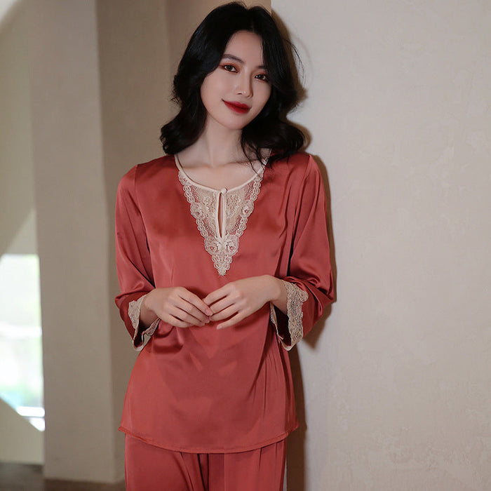 Women Pajamas 2 Piece Set Lace Stitching Round Neck