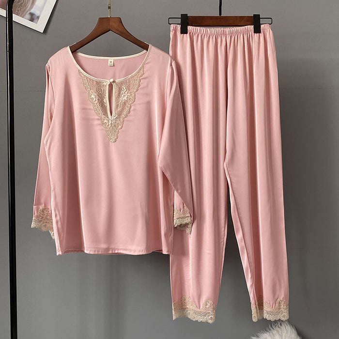 Women Pajamas 2 Piece Set Lace Stitching Round Neck