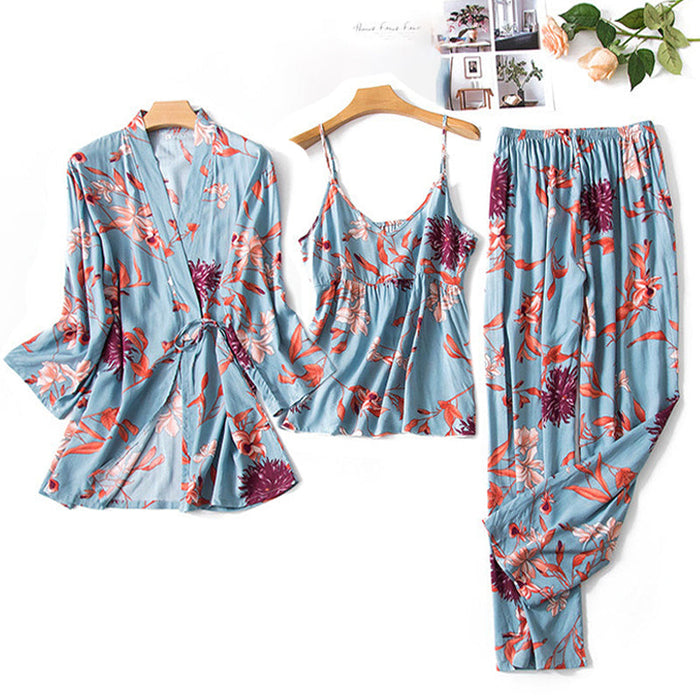 Flower Print Kimono Bathrobe Gown Sleepwear 3 Piece Pajama Set With Robe