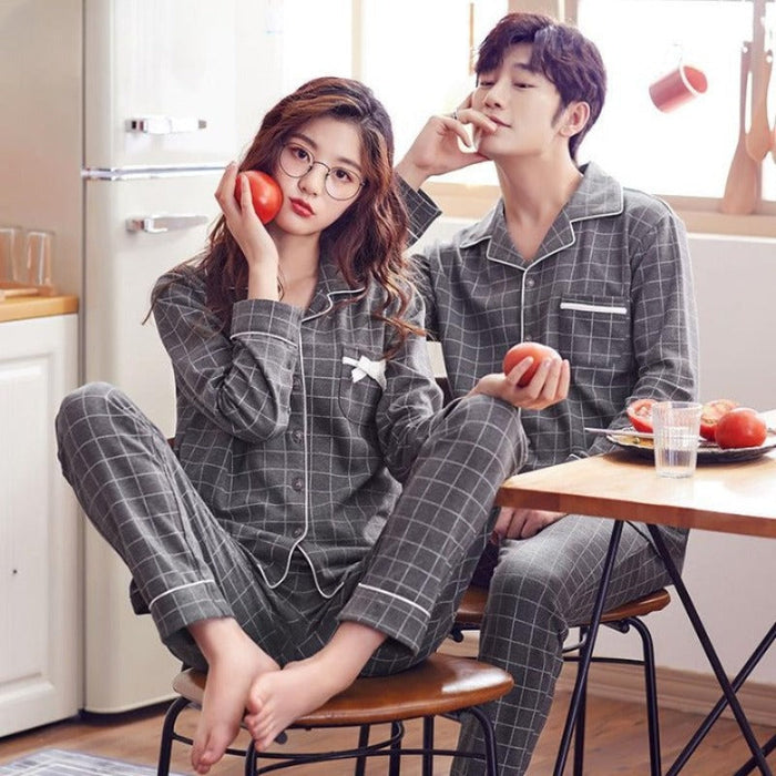 Cotton Long-Sleeved Plaid Design Couple Gray Pajamas