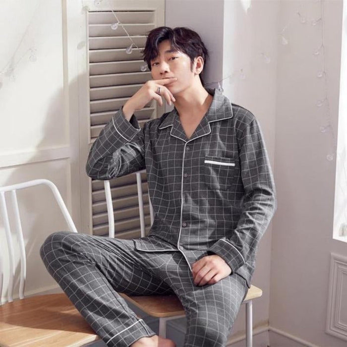 Cotton Long-Sleeved Plaid Design Couple Gray Pajamas