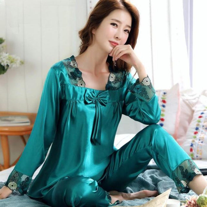 Flower Lace Polyester Pajamas Sets Long Sleeve Tops And Pants Sleepwear