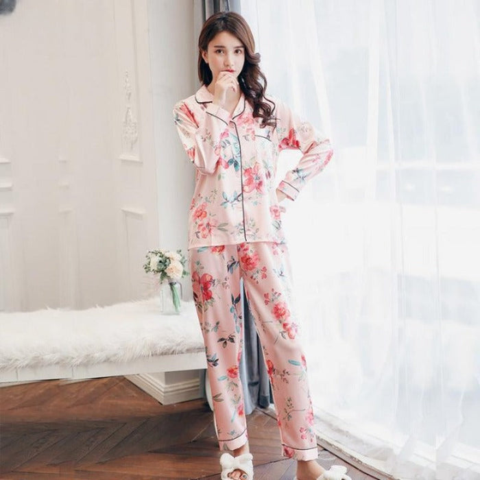 Long Sleeve 2 Piece Pajama Set Turn-down Collar Sleepwear For Women