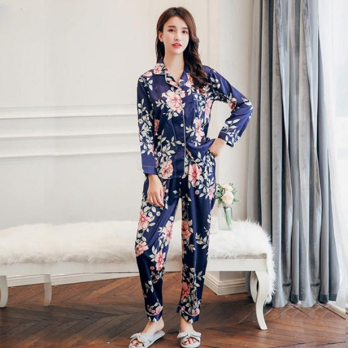 Long Sleeve 2 Piece Pajama Set Turn-down Collar Sleepwear For Women