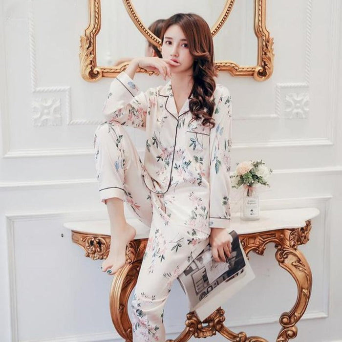 Long Sleeve 2 Piece Pajama Set Turn-down Collar Sleepwear For Women