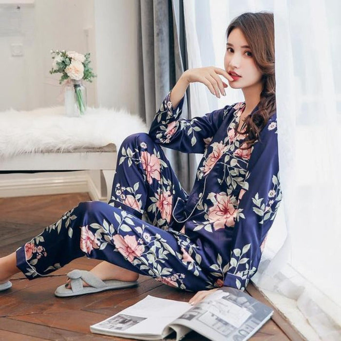 Long Sleeve 2 Piece Pajama Set Turn-down Collar Sleepwear For Women