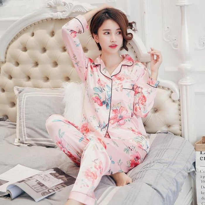 Long Sleeve 2 Piece Pajama Set Turn-down Collar Sleepwear For Women