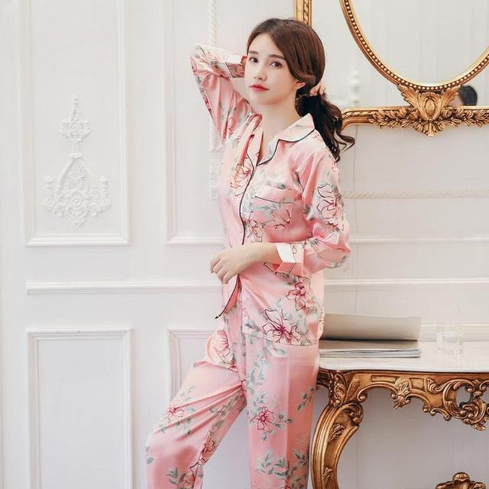 Long Sleeve 2 Piece Pajama Set Turn-down Collar Sleepwear For Women