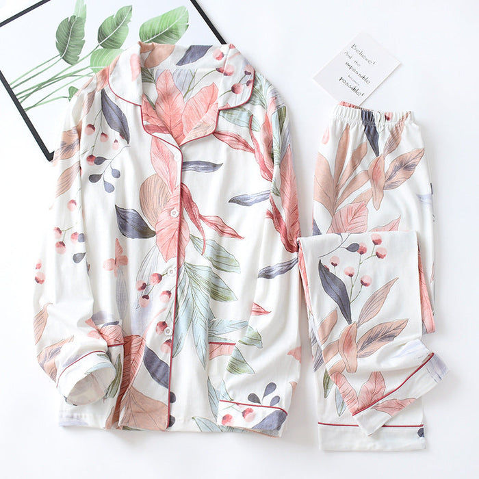 Floral Printed Fresh Style Sleepwear Set With Long Sleeve