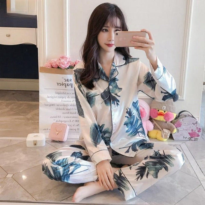 Women Satin Sleepwear 2 Pieces Pyjamas Set Home Clothing Suit