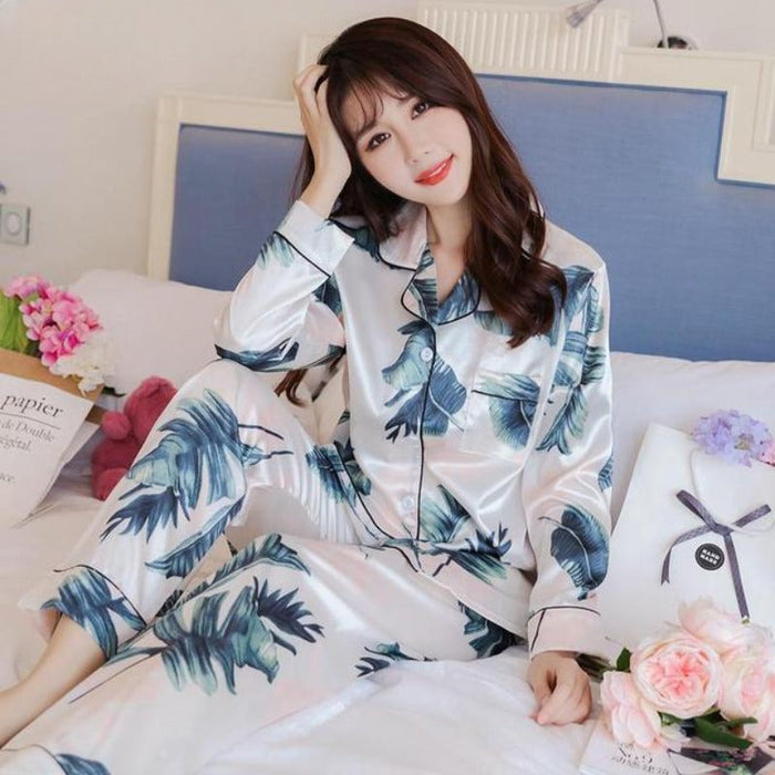 Women Satin Sleepwear 2 Pieces Pyjamas Set Home Clothing Suit