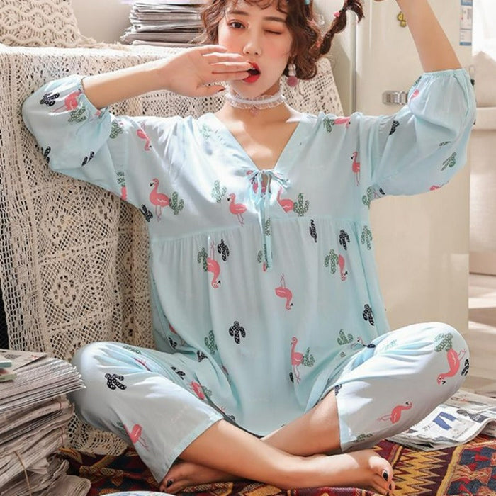 Soft Loose Sleepwear V-Neck Pajamas Sets Printed