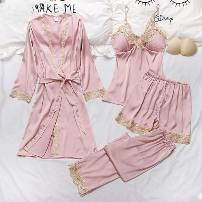 Women Golden Satin Lace Edge Pajamas Sets