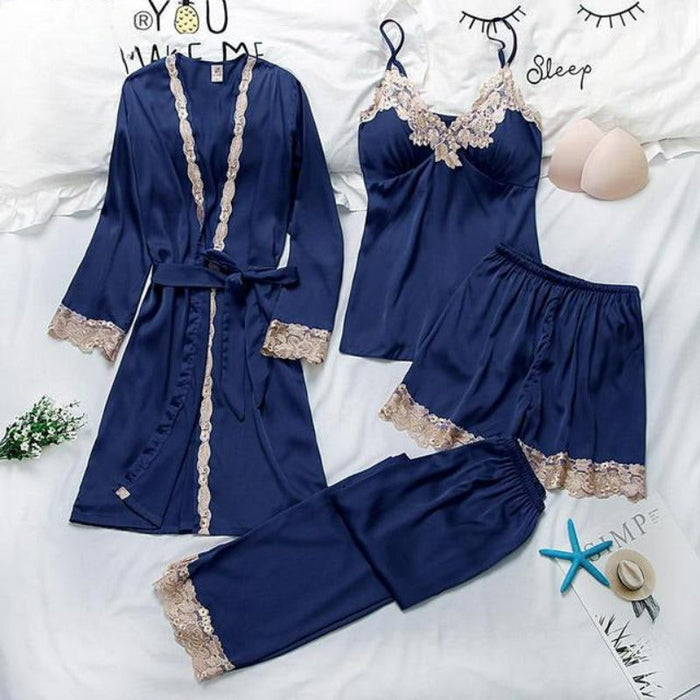 Women Golden Satin Lace Edge Pajamas Sets