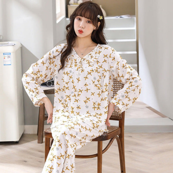 Two Pieces Floral Long Sleeves Pajamas Set