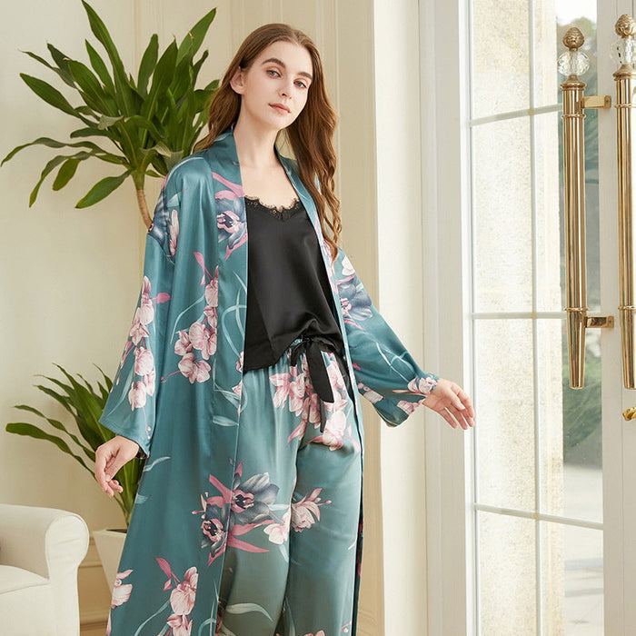 Three Pieces Women Pajamas Set Floral Printed With Long Robe