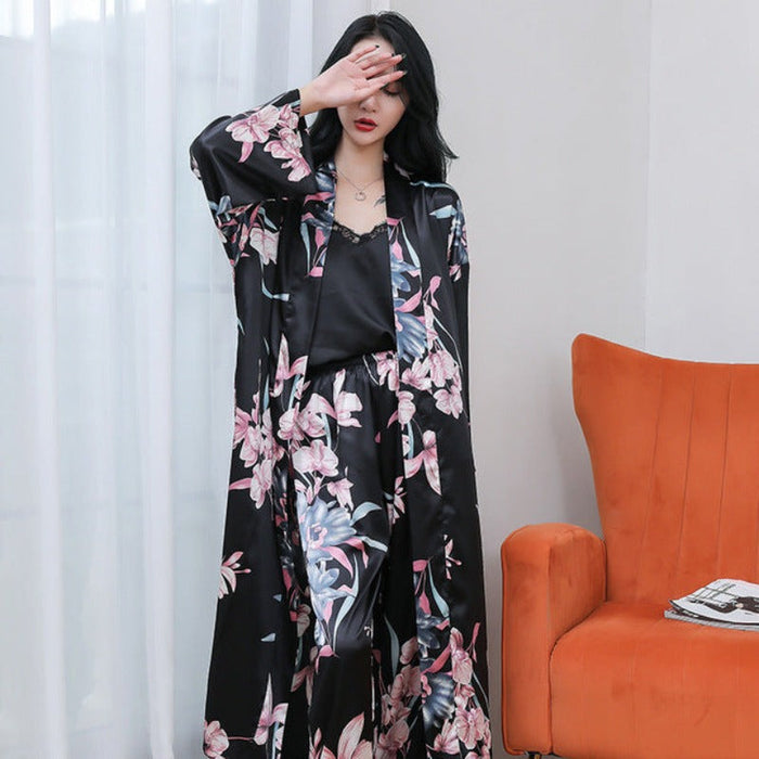 Three Pieces Women Pajamas Set Floral Printed With Long Robe