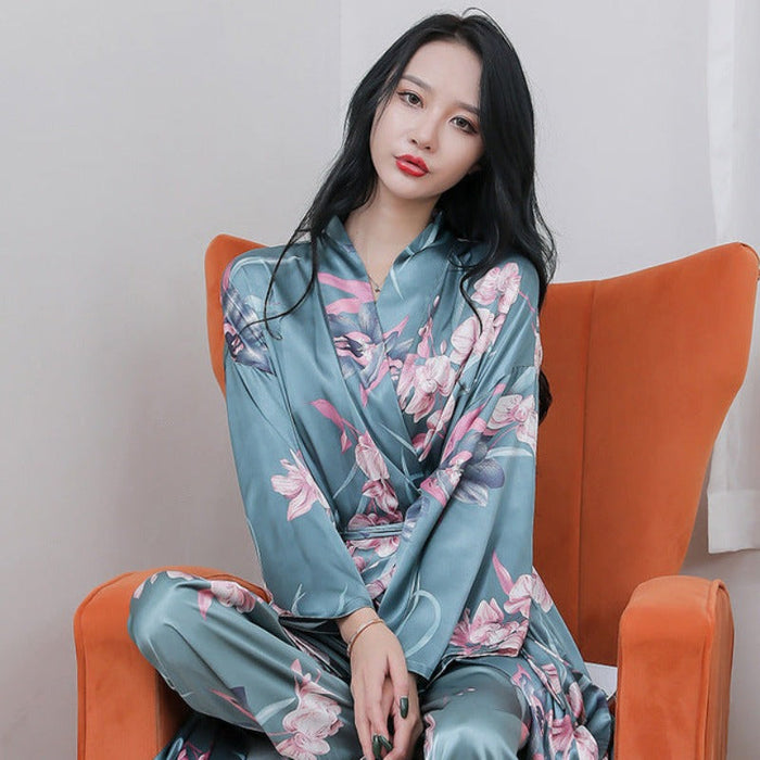 Three Pieces Women Pajamas Set Floral Printed With Long Robe