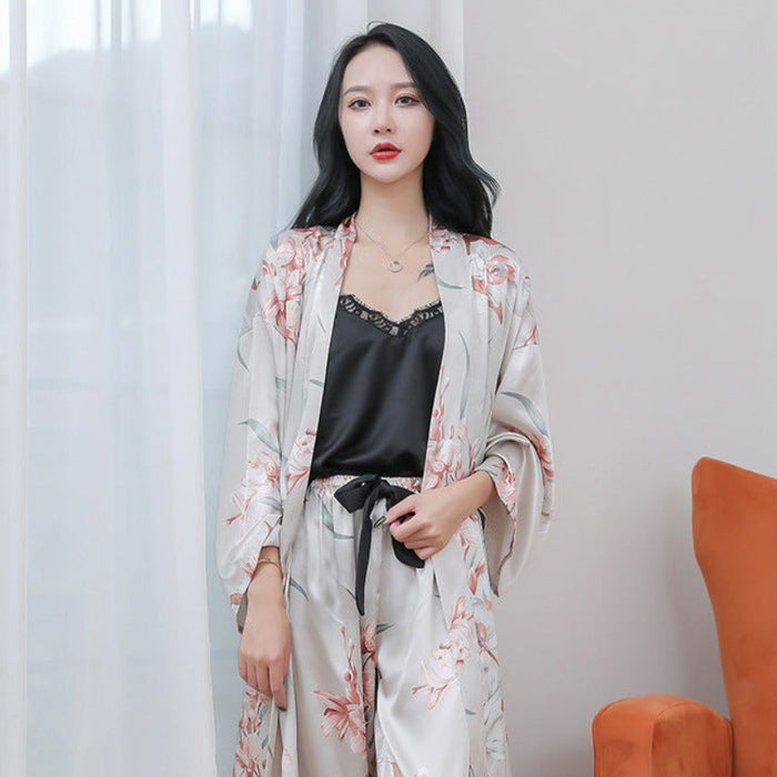 Three Pieces Women Pajamas Set Floral Printed With Long Robe