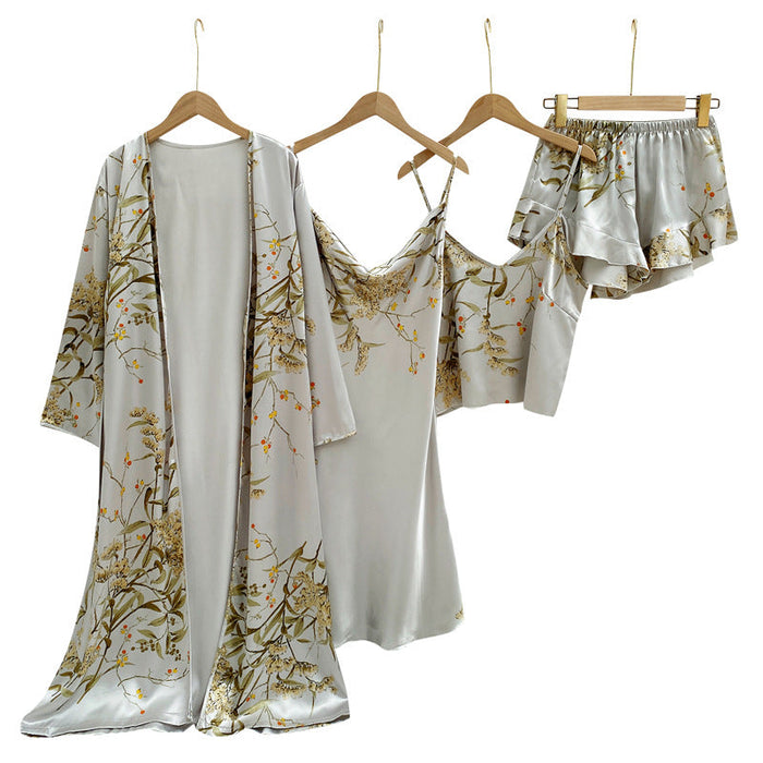Four Pieces Pajamas Set Floral Print Kimono Bathrobe Gown