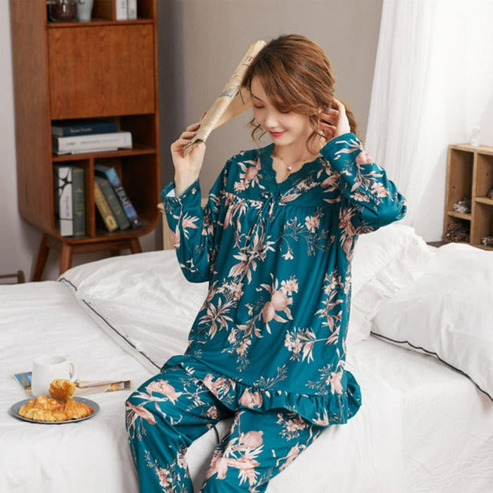 Plus Size Cotton Floral Printing Pajamas Set