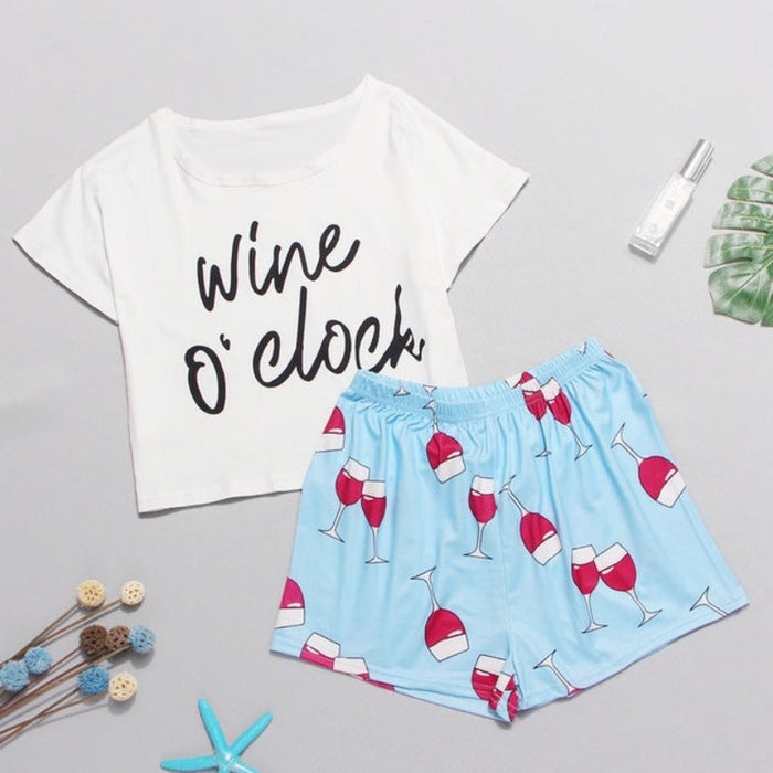 Two Pieces Pajama Set Cute Abstract Print Shorts Sleepwear