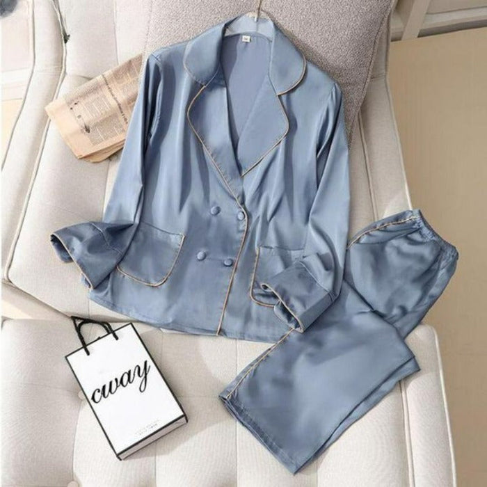 Retro Faux Silk Satin Pajamas Set