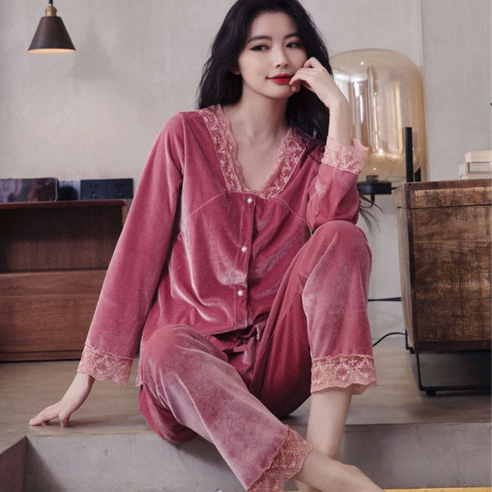 V-Neck Velvet And Lace Pajamas Set For Women