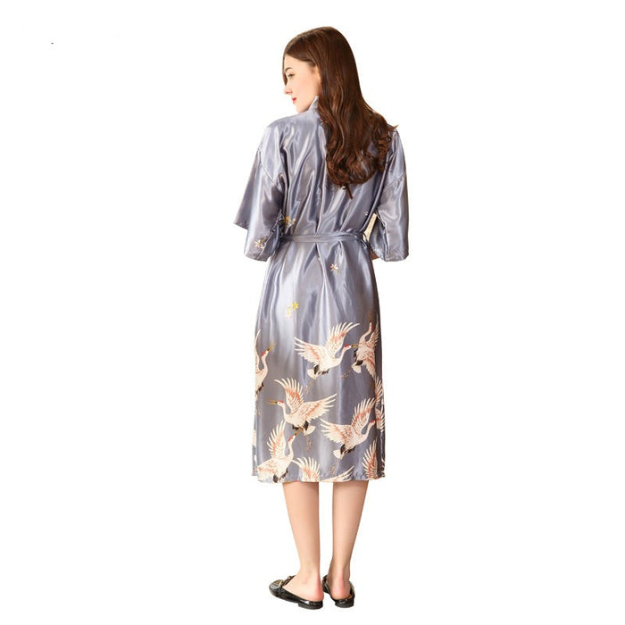 Luxurious Long Crane Print Kimono Robe For Women