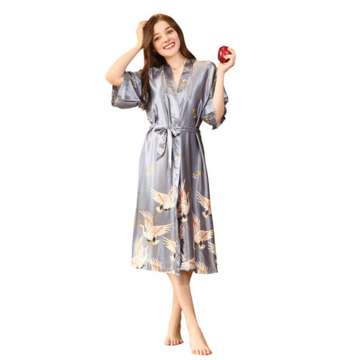 Luxurious Long Crane Print Kimono Robe For Women