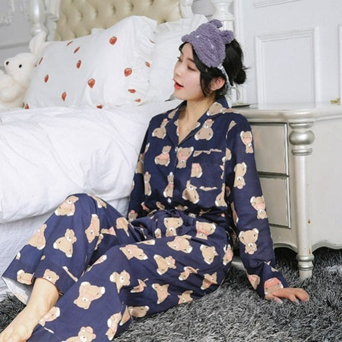 Strawberry Print Pajama Set Women Cotton Casual Sleepwear