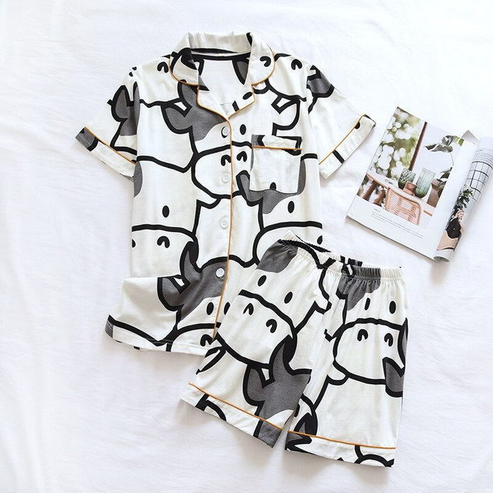 Ladies Knitted Cartoon Printed Shorts Set